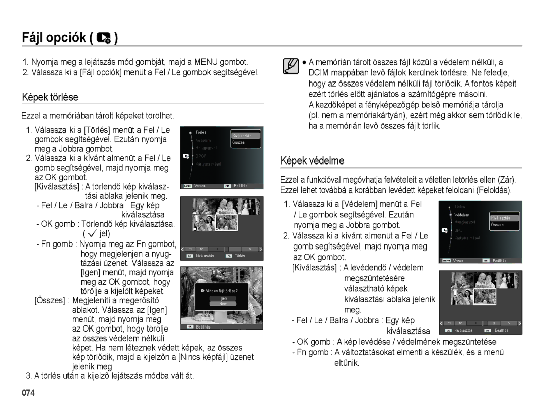 Samsung EC-ES73ZZBPBE3, EC-ES73ZZBPSE3, EC-ES73ZZBPOE3, EC-ES73ZZBPUE3 manual Fájl opciók, Képek törlése, Képek védelme 