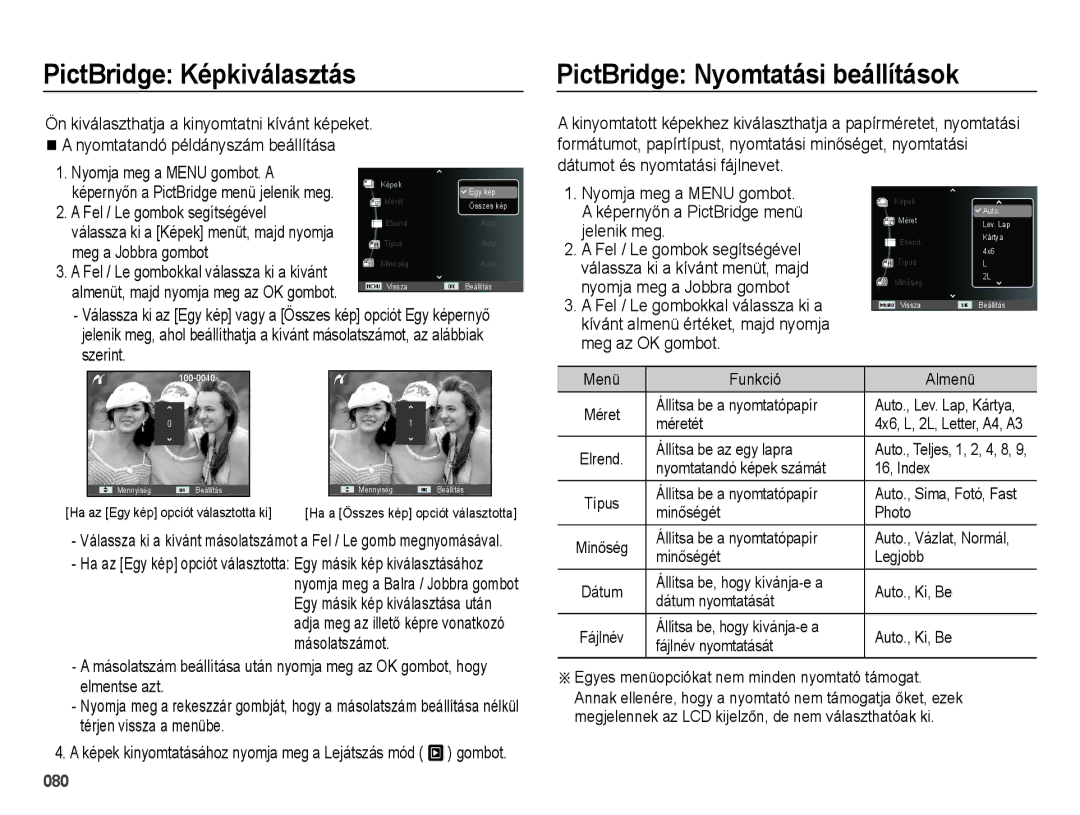 Samsung EC-ES73ZZBPSE3 manual PictBridge Képkiválasztás, PictBridge Nyomtatási beállítások, Nyomja meg a Menu gombot. a 