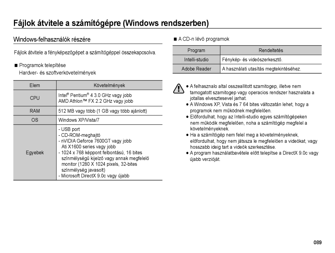 Samsung EC-ES73ZZBPBE3, EC-ES73ZZBPSE3 Fájlok átvitele a számítógépre Windows rendszerben, Windows-felhasználók részére 