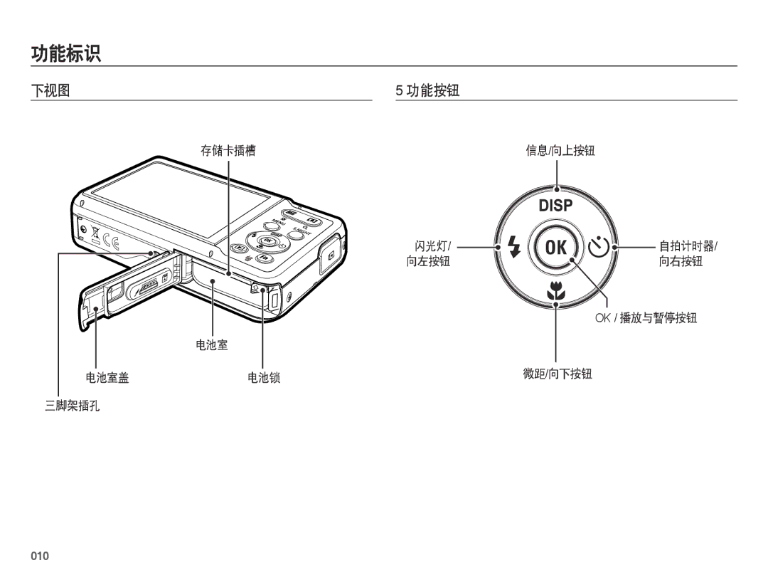 Samsung EC-ES73ZZBPSE3, EC-ES73ZZBPBE3 下视图 功能按钮, 存储卡插槽 信息 向上按钮 闪光灯, 向左按钮 向右按钮 Ok / 播放与暂停按钮, 电池室盖 电池锁 微距 向下按钮 三脚架插孔, 010 