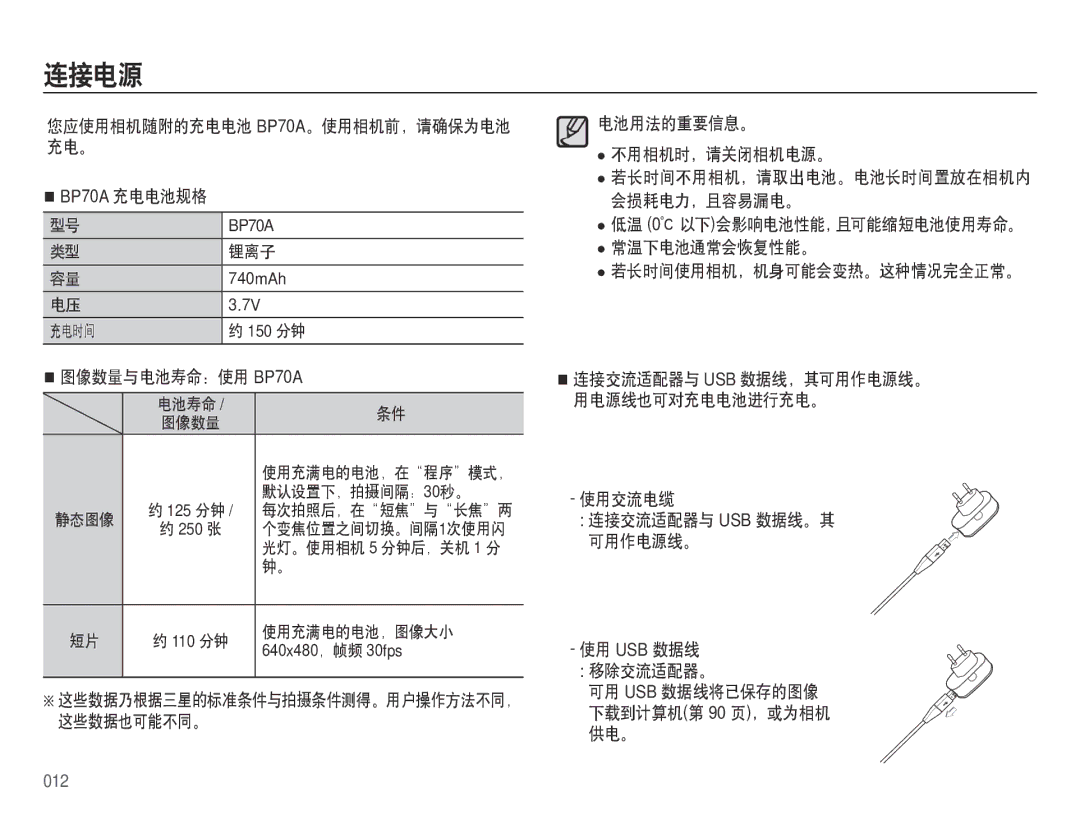 Samsung EC-ES73ZZBPUE3, EC-ES73ZZBPBE3, EC-ES73ZZBPSE3, EC-ES73ZZBPOE3, EC-ES73ZZBPRE3 manual 连接电源, 012 