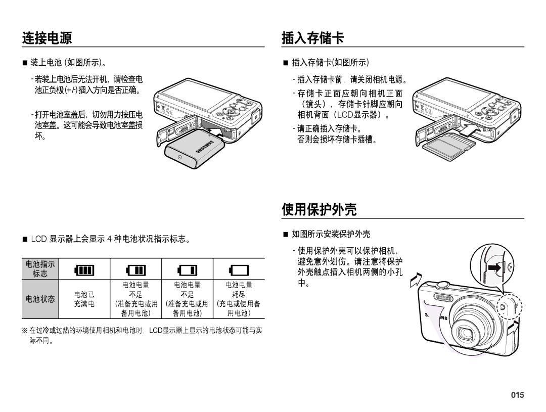 Samsung EC-ES73ZZBPSE3, EC-ES73ZZBPBE3, EC-ES73ZZBPOE3, EC-ES73ZZBPUE3, EC-ES73ZZBPRE3 manual 插入存储卡, 使用保护外壳, 015 