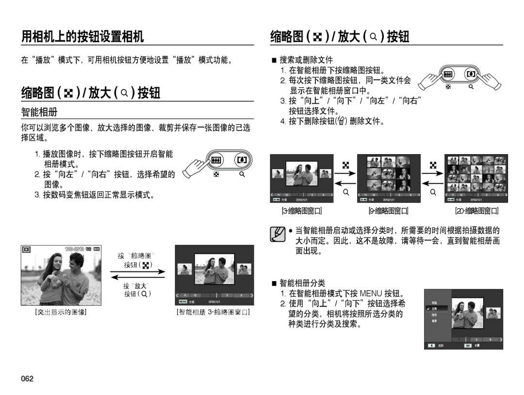 Samsung EC-ES73ZZBPUE3 在播放模式下，可用相机按钮方便地设置播放模式功能。, 按向左/向右按钮，选择希望的 图像。 按数码变焦钮返回正常显示模式。, 智能相册分类 在智能相册模式下按 Menu 按钮。, 062 