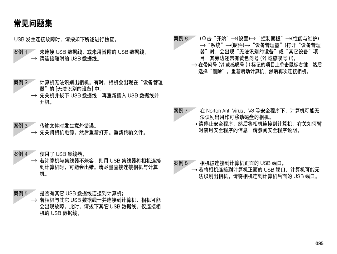 Samsung EC-ES73ZZBPSE3, EC-ES73ZZBPBE3, EC-ES73ZZBPOE3 manual 常见问题集, 案例 5 是否有其它 USB 数据线连接到计算机？, 相机被连接到计算机正面的 Usb 端口。, 095 