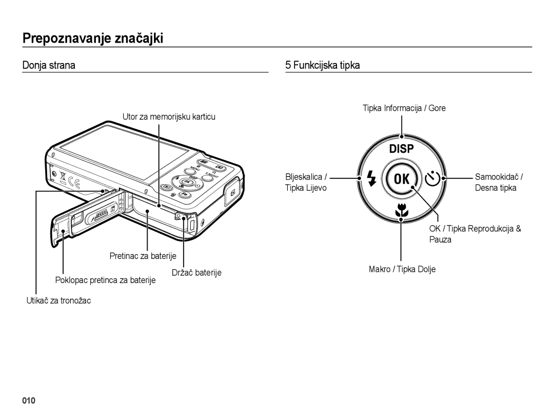 Samsung EC-ES73ZZBPSE3 manual Donja strana, Funkcijska tipka, Utor za memorijsku karticu Pretinac za baterije, Tipka Lijevo 