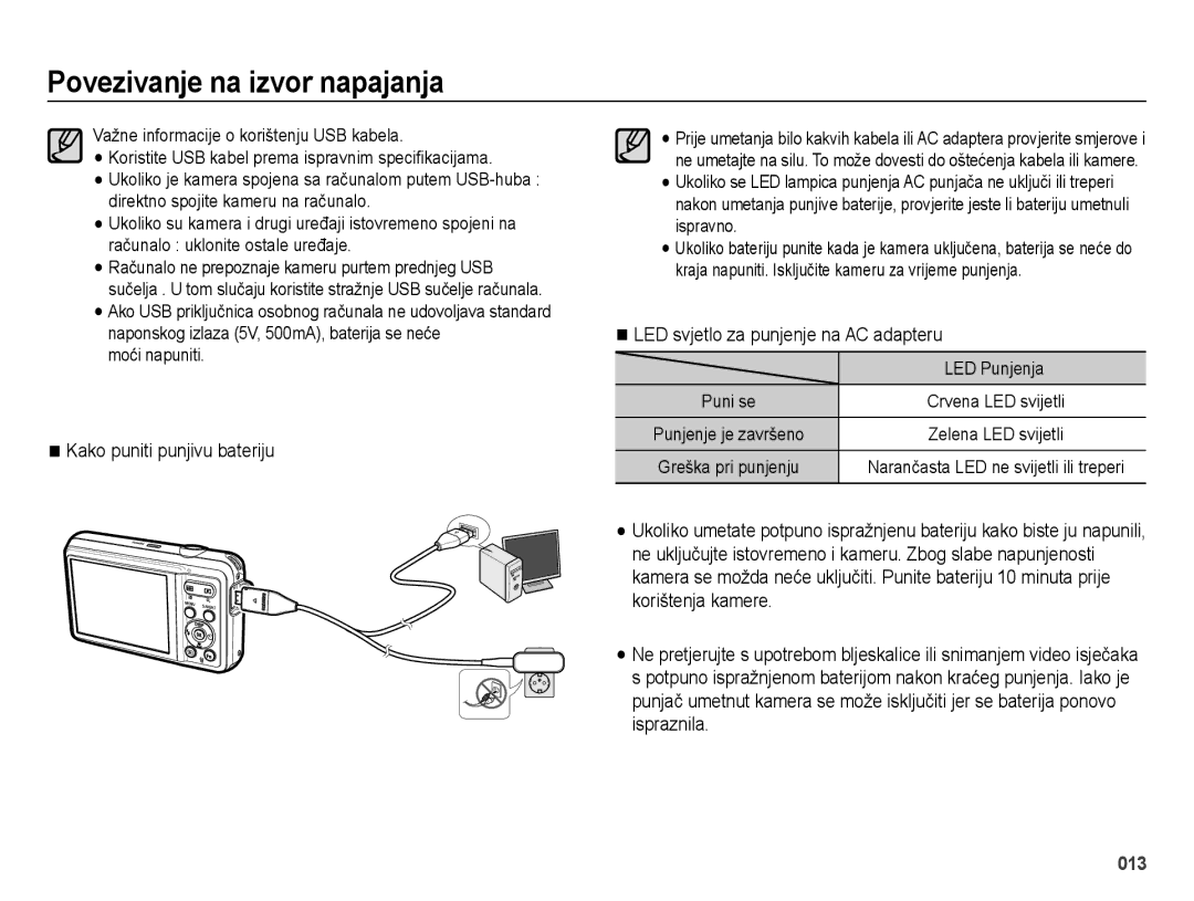 Samsung EC-ES73ZZBPRE3 Kako puniti punjivu bateriju, LED svjetlo za punjenje na AC adapteru, Moći napuniti, LED Punjenja 