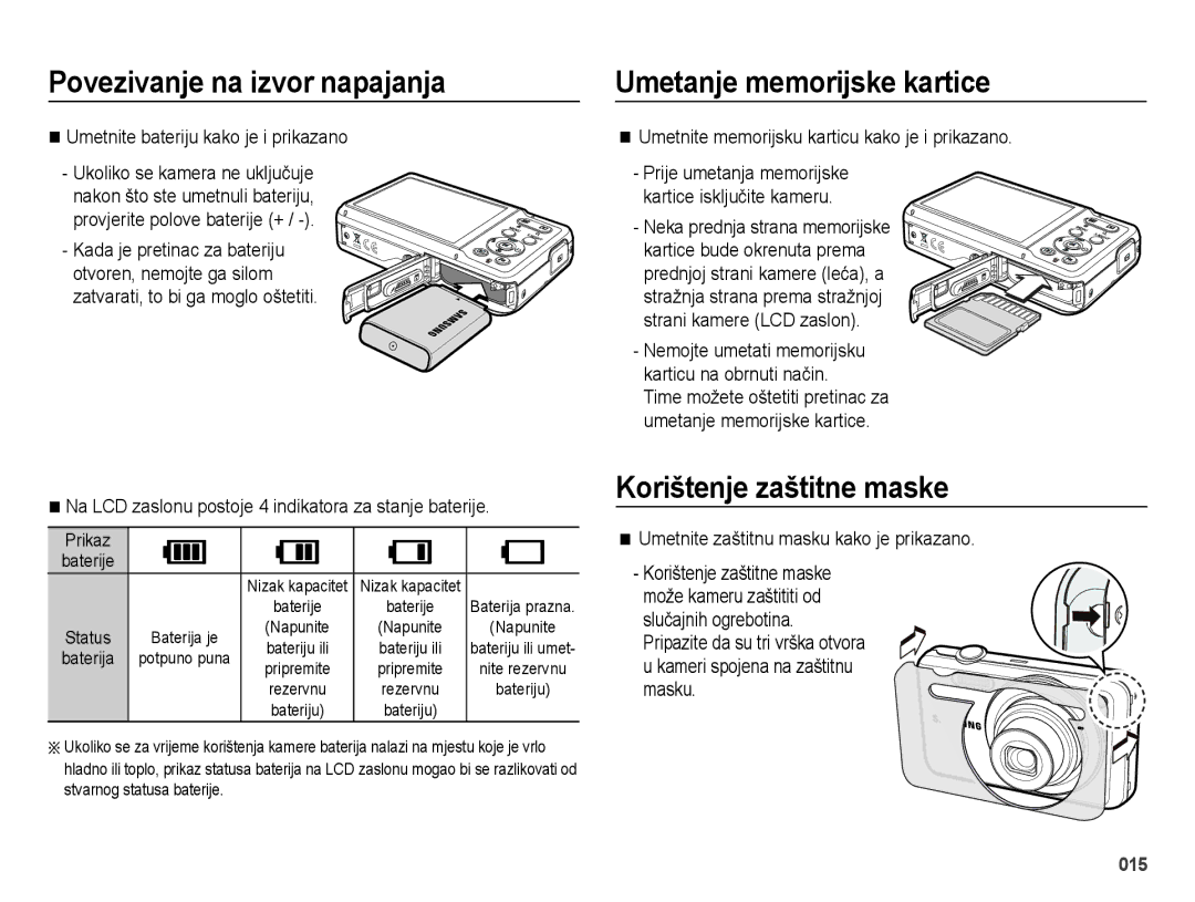 Samsung EC-ES73ZZBPSE3 manual Umetanje memorijske kartice, Korištenje zaštitne maske, Umetnite bateriju kako je i prikazano 