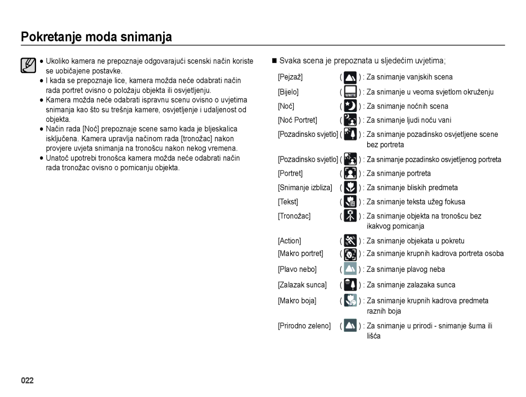 Samsung EC-ES73ZZBPUE3, EC-ES73ZZBPBE3, EC-ES73ZZBPSE3, EC-ES73ZZBPOE3 manual Svaka scena je prepoznata u sljedećim uvjetima 