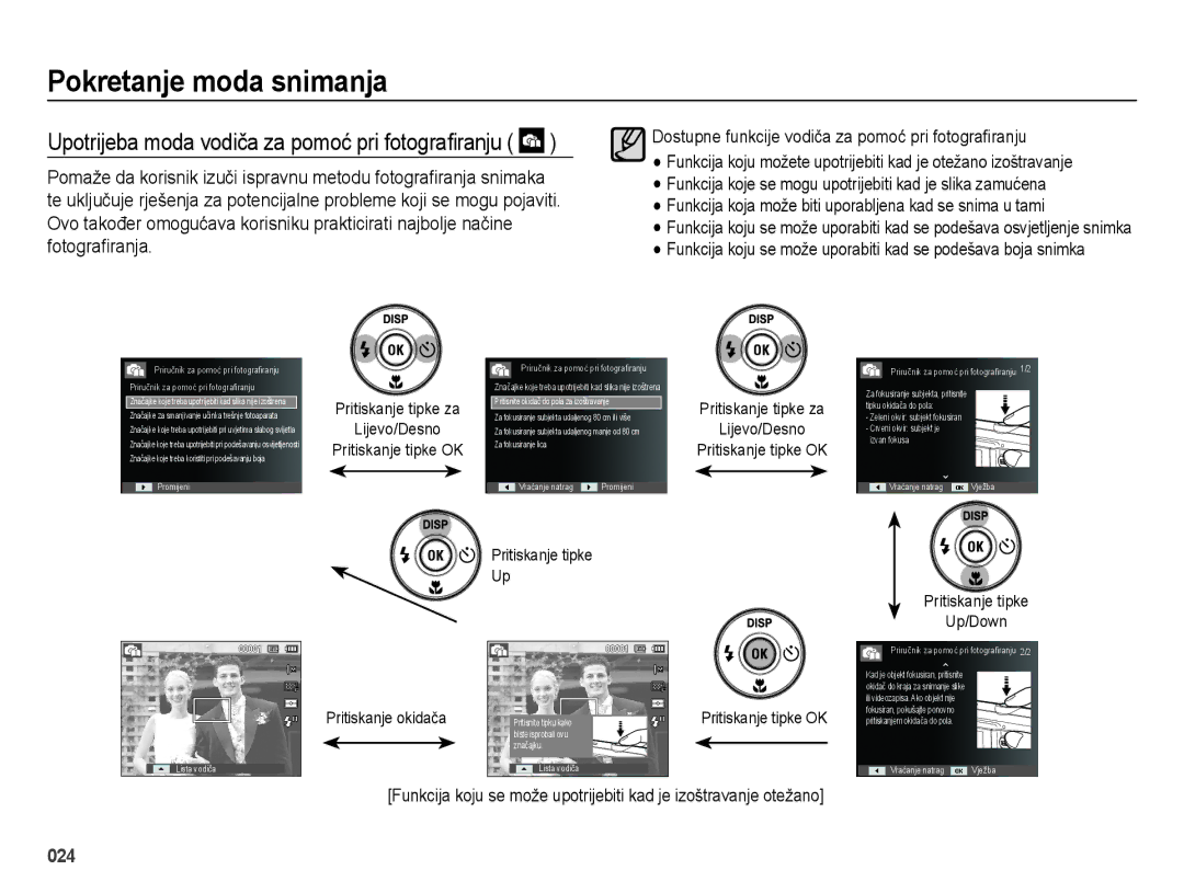 Samsung EC-ES73ZZBPBE3, EC-ES73ZZBPSE3 manual Dostupne funkcije vodiča za pomoć pri fotograﬁranju, Pritiskanje tipke Up/Down 