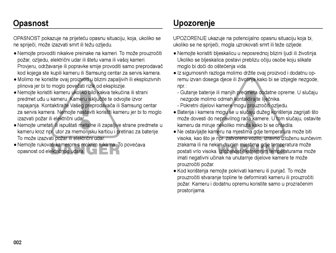 Samsung EC-ES73ZZBPUE3, EC-ES73ZZBPBE3 manual Opasnost, Upozorenje, Pokretni dijelovi kamere mogu prouzročiti ozljedu 