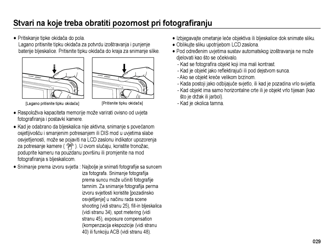 Samsung EC-ES73ZZBPBE3 manual Stvari na koje treba obratiti pozornost pri fotograﬁranju, Pritiskanje tipke okidača do pola 