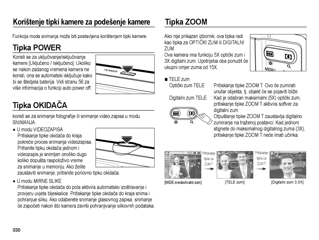 Samsung EC-ES73ZZBPSE3, EC-ES73ZZBPBE3, EC-ES73ZZBPOE3 manual Tipka Power, Tipka Okidača, Tipka Zoom, Modu Mirne Slike 