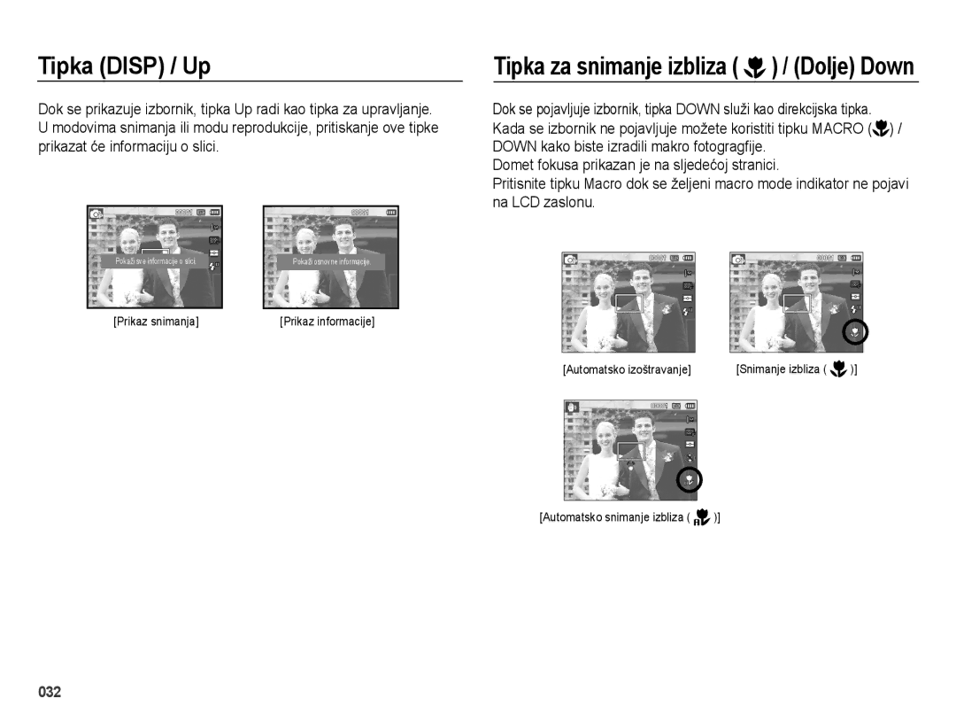 Samsung EC-ES73ZZBPUE3, EC-ES73ZZBPBE3, EC-ES73ZZBPSE3, EC-ES73ZZBPOE3, EC-ES73ZZBPRE3 manual Tipka Disp / Up, Prikaz snimanja 