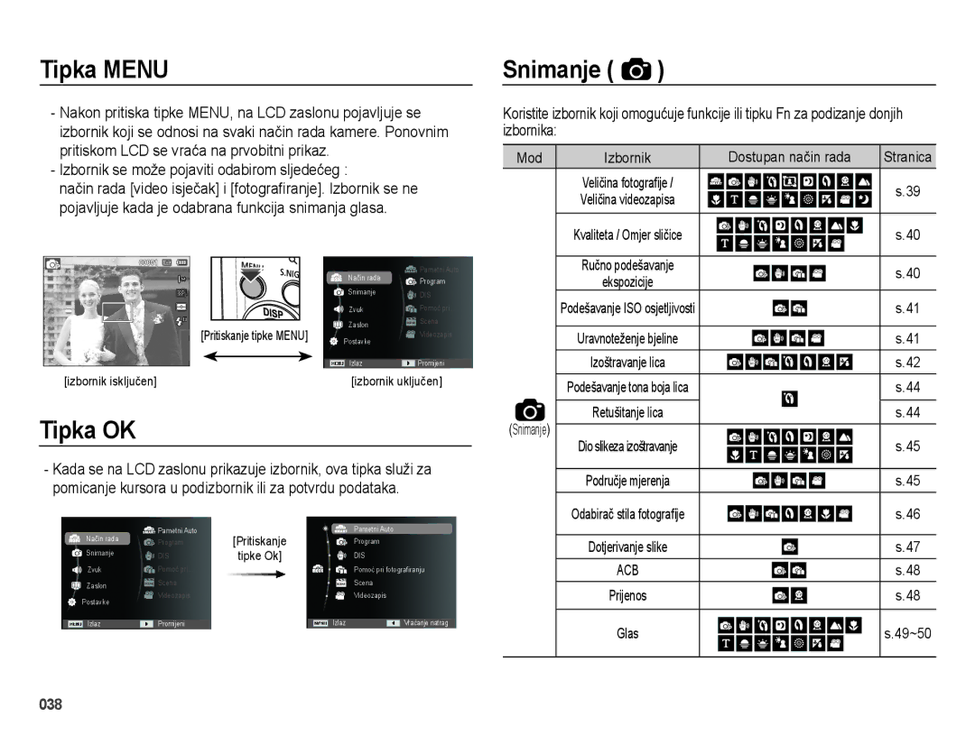 Samsung EC-ES73ZZBPRE3, EC-ES73ZZBPBE3 manual Tipka Menu, Snimanje, Tipka OK, Izbornik se može pojaviti odabirom sljedećeg 