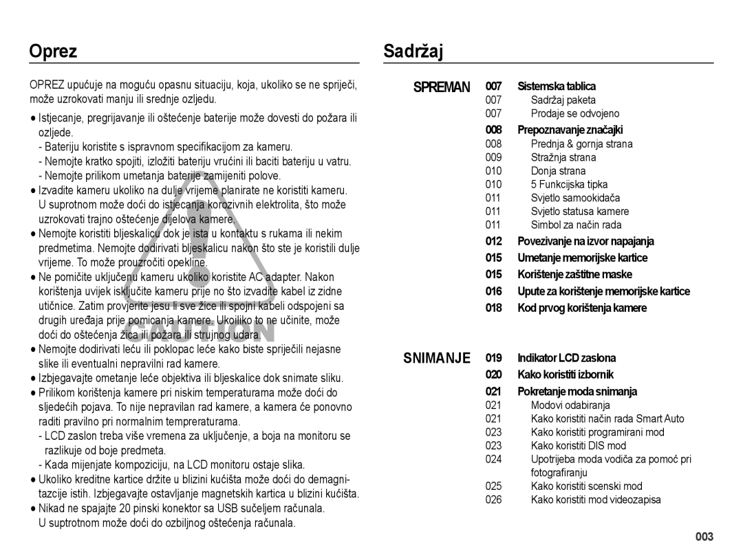 Samsung EC-ES73ZZBPRE3, EC-ES73ZZBPBE3, EC-ES73ZZBPSE3, EC-ES73ZZBPOE3, EC-ES73ZZBPUE3 manual Oprez, Sadržaj 