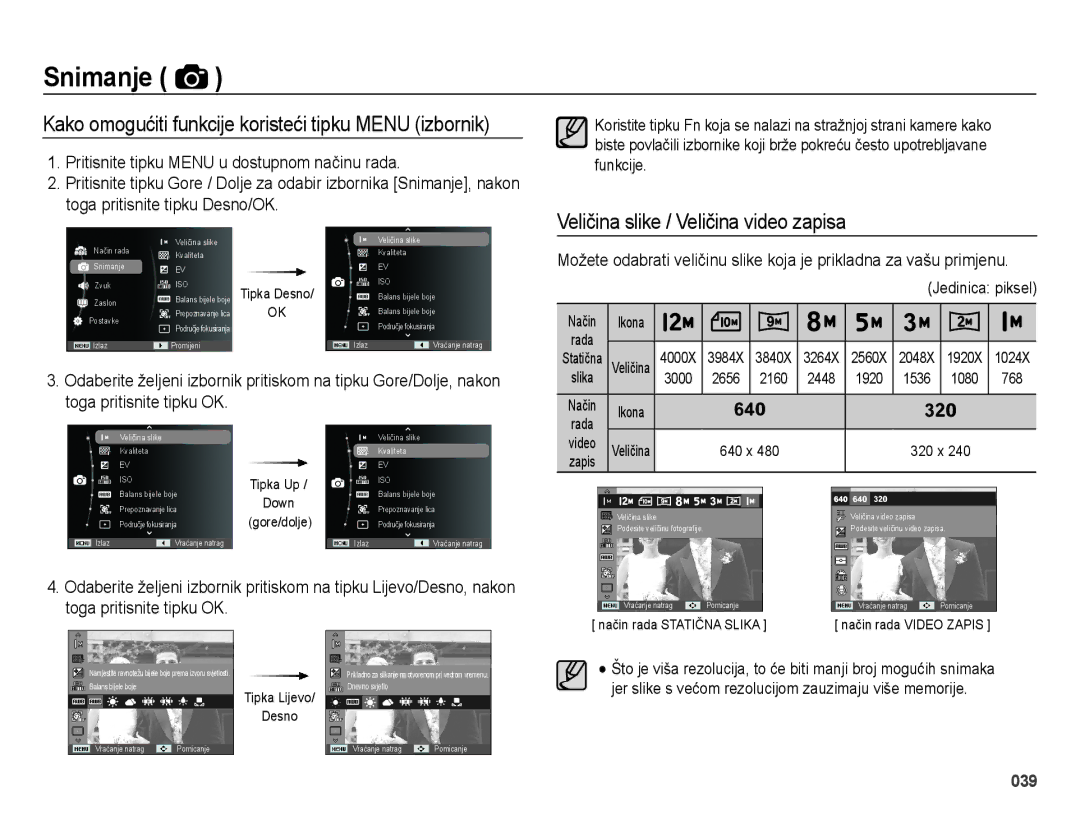 Samsung EC-ES73ZZBPBE3 manual Veličina slike / Veličina video zapisa, 4000X 3984X 3840X 3264X 2560X 2048X 1920X, Zapis 
