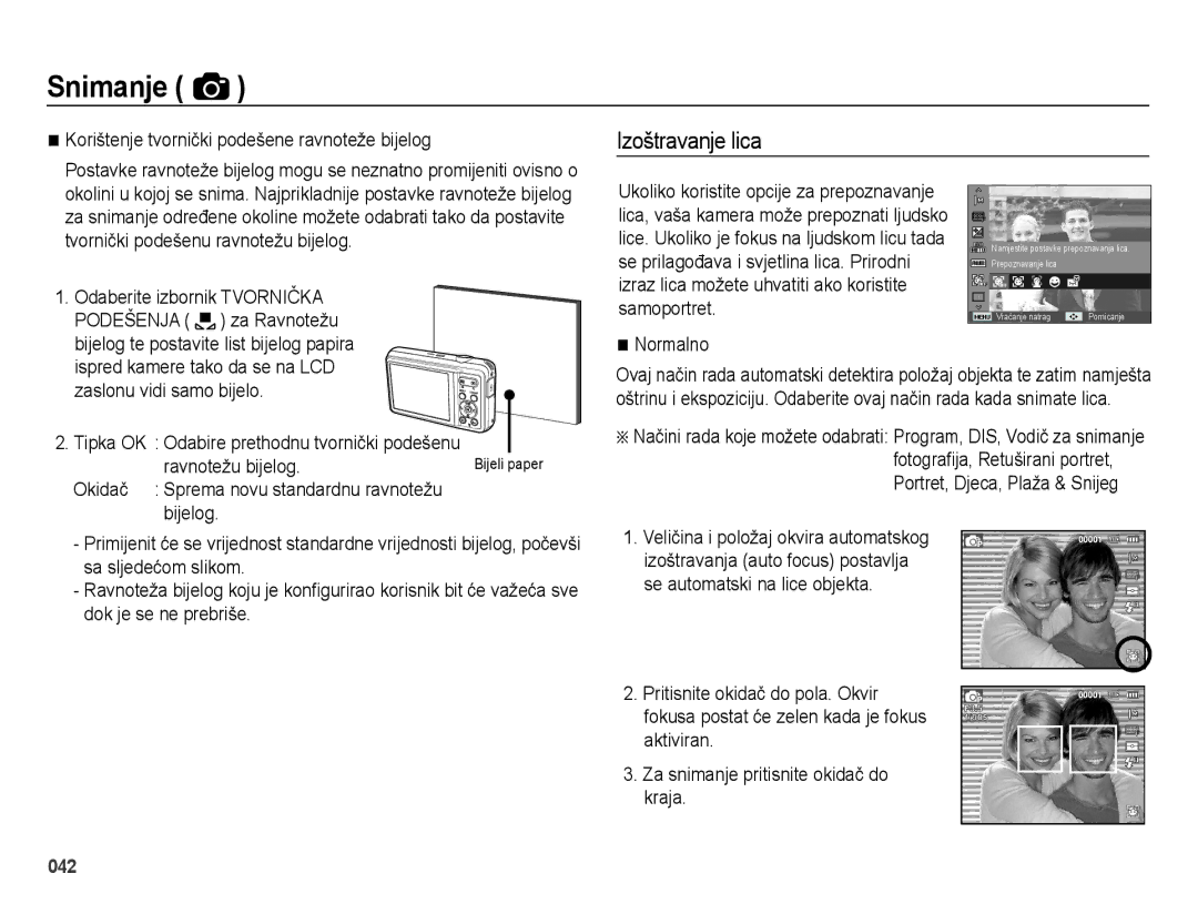 Samsung EC-ES73ZZBPUE3, EC-ES73ZZBPBE3 manual Izoštravanje lica, Korištenje tvornički podešene ravnoteže bijelog, Normalno 