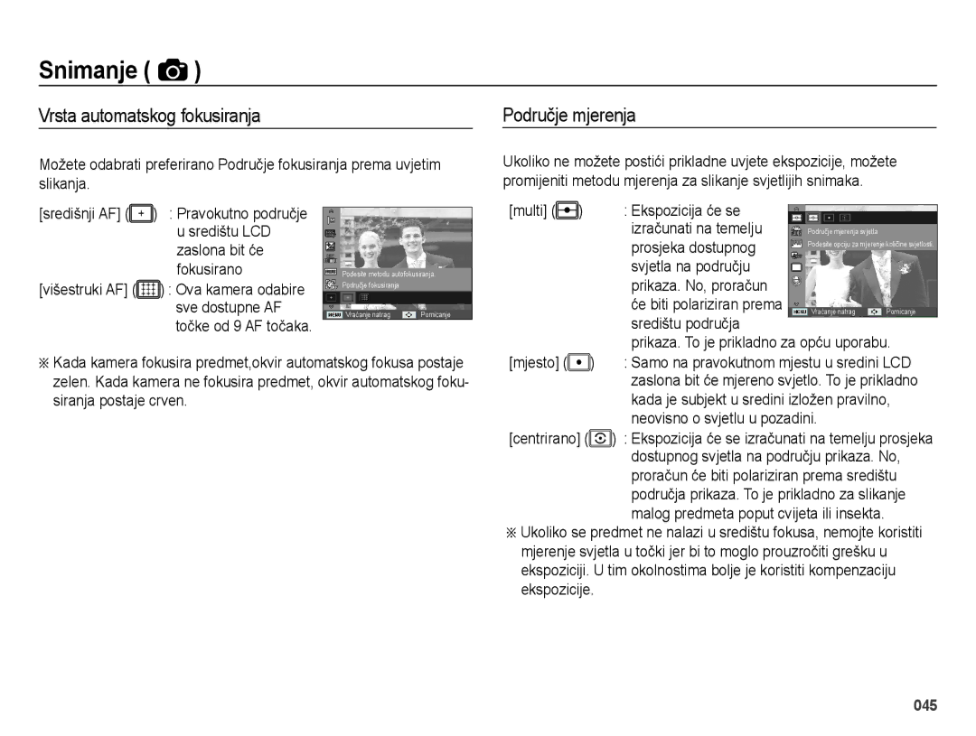 Samsung EC-ES73ZZBPSE3, EC-ES73ZZBPBE3, EC-ES73ZZBPOE3, EC-ES73ZZBPUE3 manual Vrsta automatskog fokusiranja, Područje mjerenja 