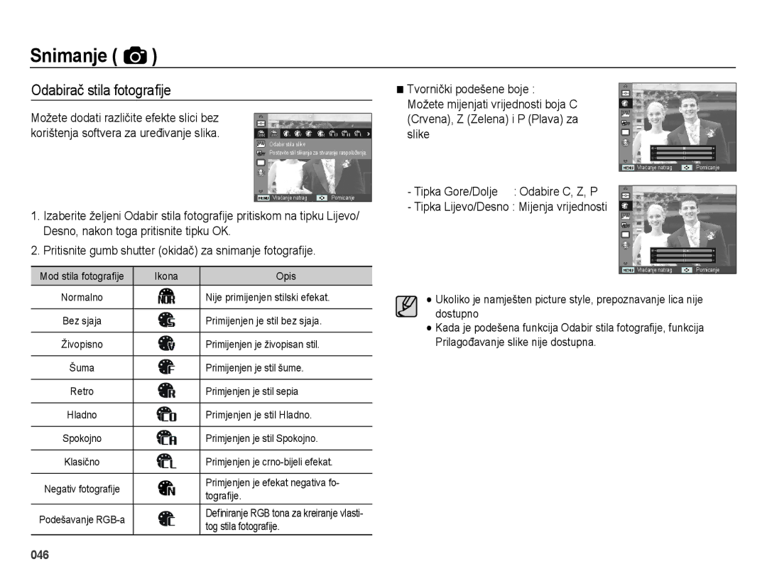 Samsung EC-ES73ZZBPOE3, EC-ES73ZZBPBE3, EC-ES73ZZBPSE3, EC-ES73ZZBPUE3, EC-ES73ZZBPRE3 manual Odabirač stila fotograﬁje 