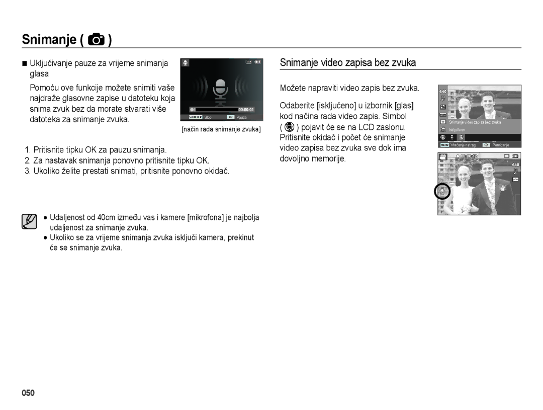 Samsung EC-ES73ZZBPSE3, EC-ES73ZZBPBE3 manual Snimanje video zapisa bez zvuka, Uključivanje pauze za vrijeme snimanja glasa 