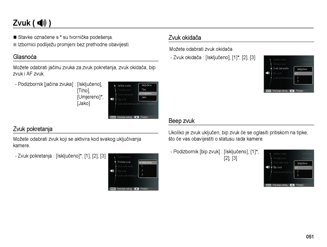 Samsung EC-ES73ZZBPOE3, EC-ES73ZZBPBE3, EC-ES73ZZBPSE3 manual Zvuk , Glasnoća, Zvuk okidača, Zvuk pokretanja, Beep zvuk 