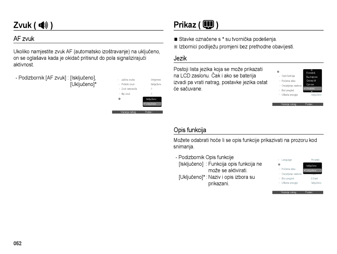 Samsung EC-ES73ZZBPUE3, EC-ES73ZZBPBE3, EC-ES73ZZBPSE3, EC-ES73ZZBPOE3, EC-ES73ZZBPRE3 Prikaz, AF zvuk, Jezik, Opis funkcija 