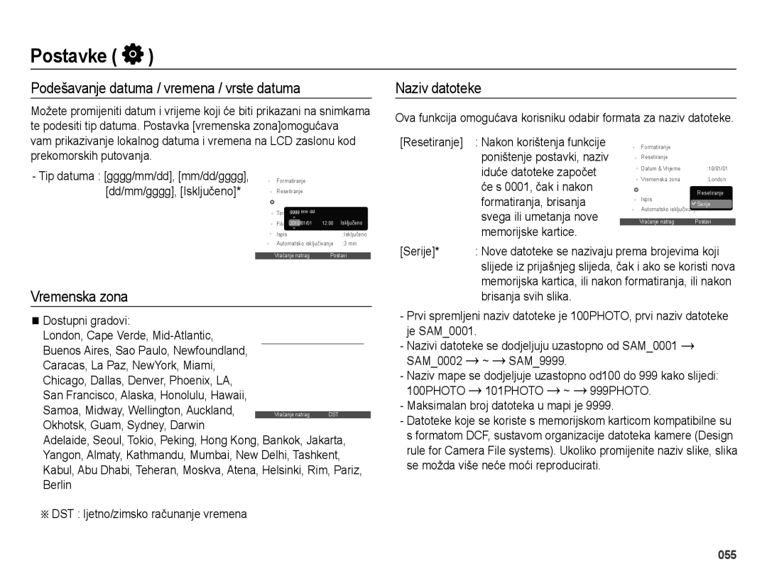 Samsung EC-ES73ZZBPSE3 Podešavanje datuma / vremena / vrste datuma, Naziv datoteke, Vremenska zona, Brisanja svih slika 