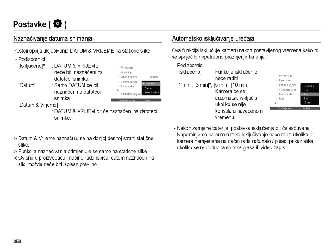 Samsung EC-ES73ZZBPOE3, EC-ES73ZZBPBE3, EC-ES73ZZBPSE3 manual Naznačivanje datuma snimanja, Automatsko isključivanje uređaja 