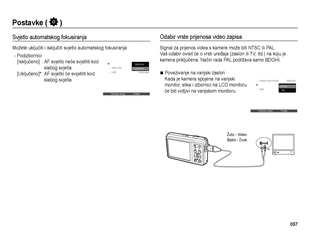 Samsung EC-ES73ZZBPUE3 manual Svjetlo automatskog fokusiranja, Odabir vrste prijenosa video zapisa, Žuto Video Bijelo Zvuk 