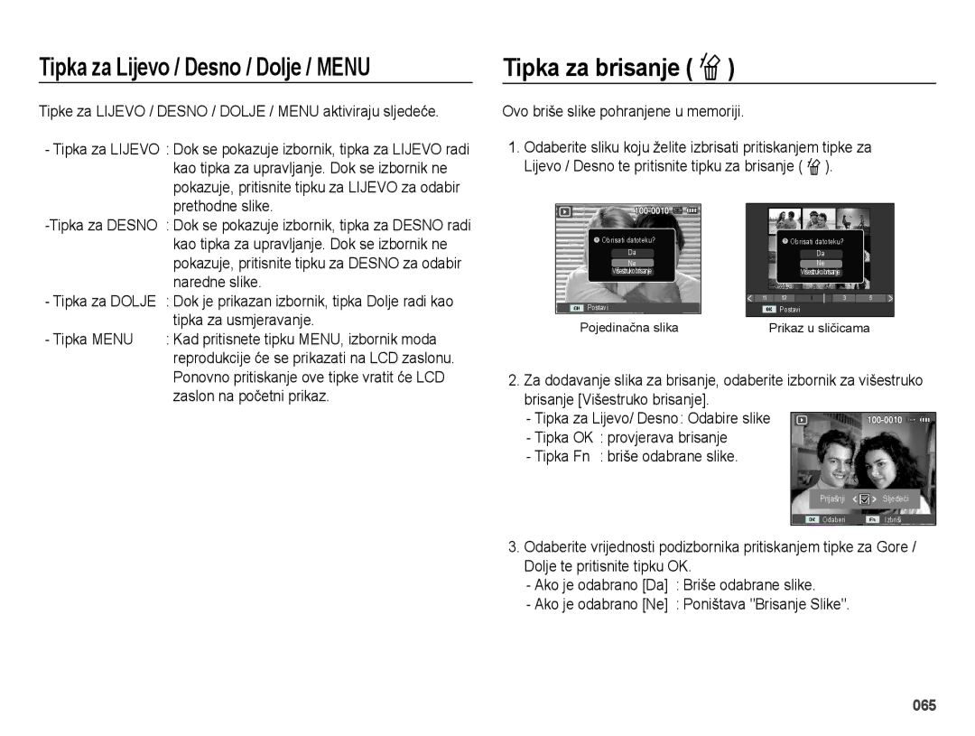 Samsung EC-ES73ZZBPSE3 Tipka za Lijevo / Desno / Dolje / Menu, Tipka za brisanje Õ, Ovo briše slike pohranjene u memoriji 