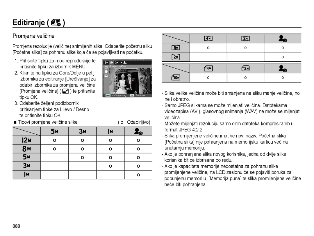 Samsung EC-ES73ZZBPRE3, EC-ES73ZZBPBE3, EC-ES73ZZBPSE3, EC-ES73ZZBPOE3, EC-ES73ZZBPUE3 manual Editiranje, Promjena veličine 