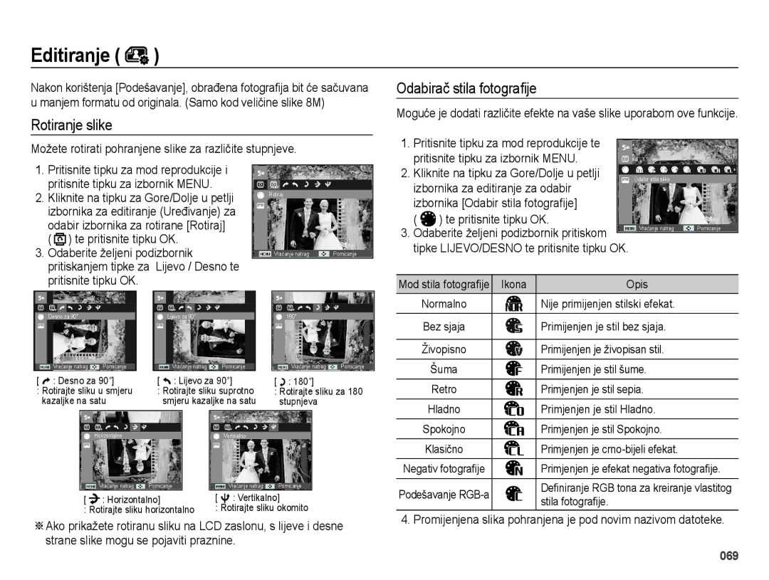 Samsung EC-ES73ZZBPBE3, EC-ES73ZZBPSE3 manual Rotiranje slike, Možete rotirati pohranjene slike za različite stupnjeve 