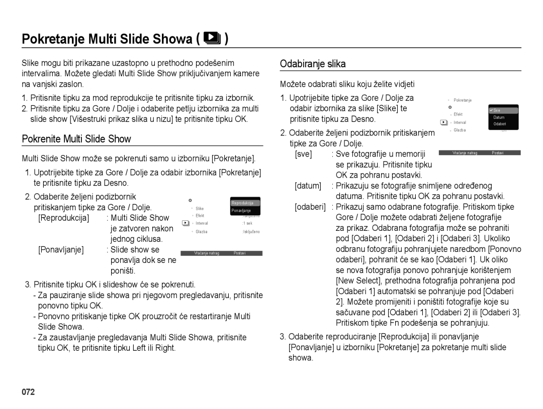 Samsung EC-ES73ZZBPUE3, EC-ES73ZZBPBE3 manual Pokretanje Multi Slide Showa, Pokrenite Multi Slide Show, Odabiranje slika 