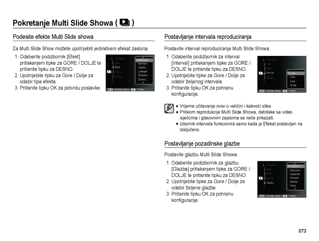 Samsung EC-ES73ZZBPRE3, EC-ES73ZZBPBE3 manual Podesite efekte Multi Slide showa, Postavljanje intervala reproduciranja 