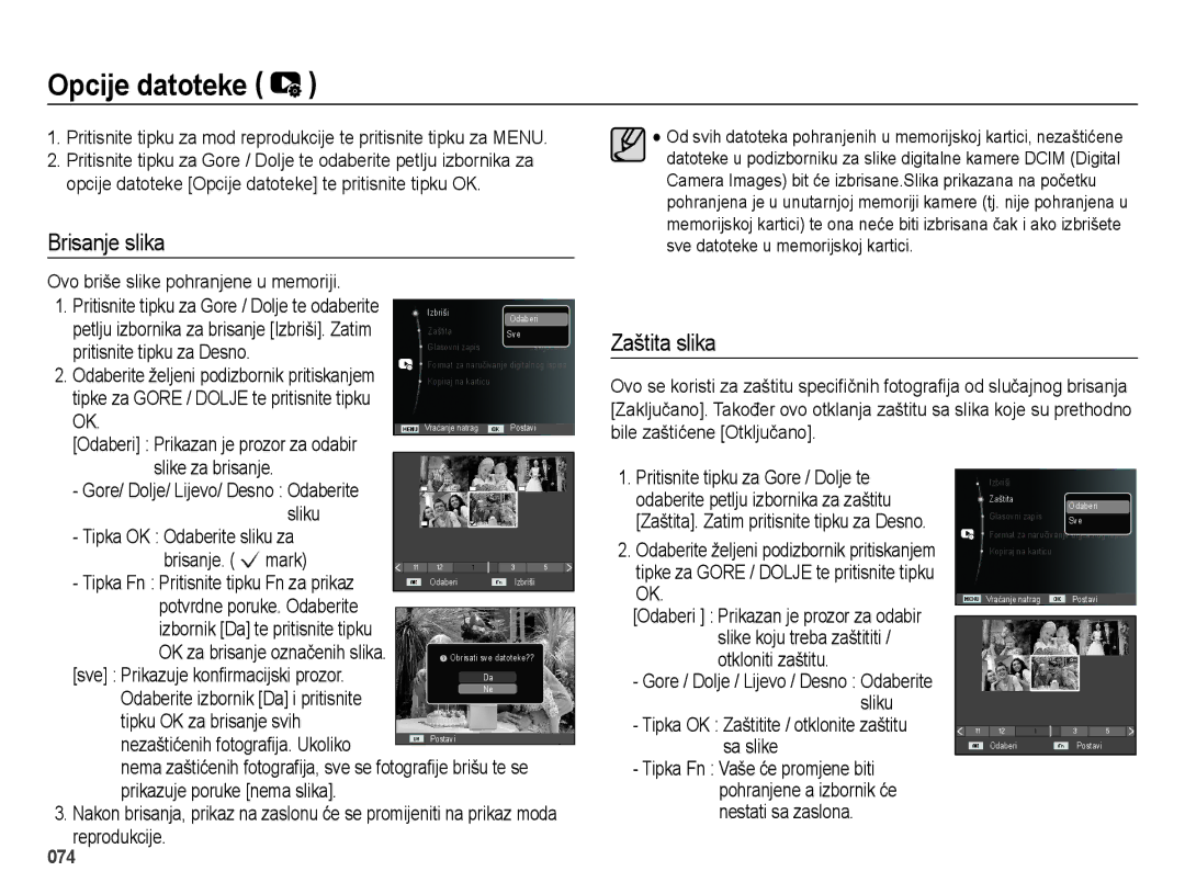 Samsung EC-ES73ZZBPBE3 Opcije datoteke, Brisanje slika, Zaštita slika, Sa slike, Tipka OK Zaštitite / otklonite zaštitu 