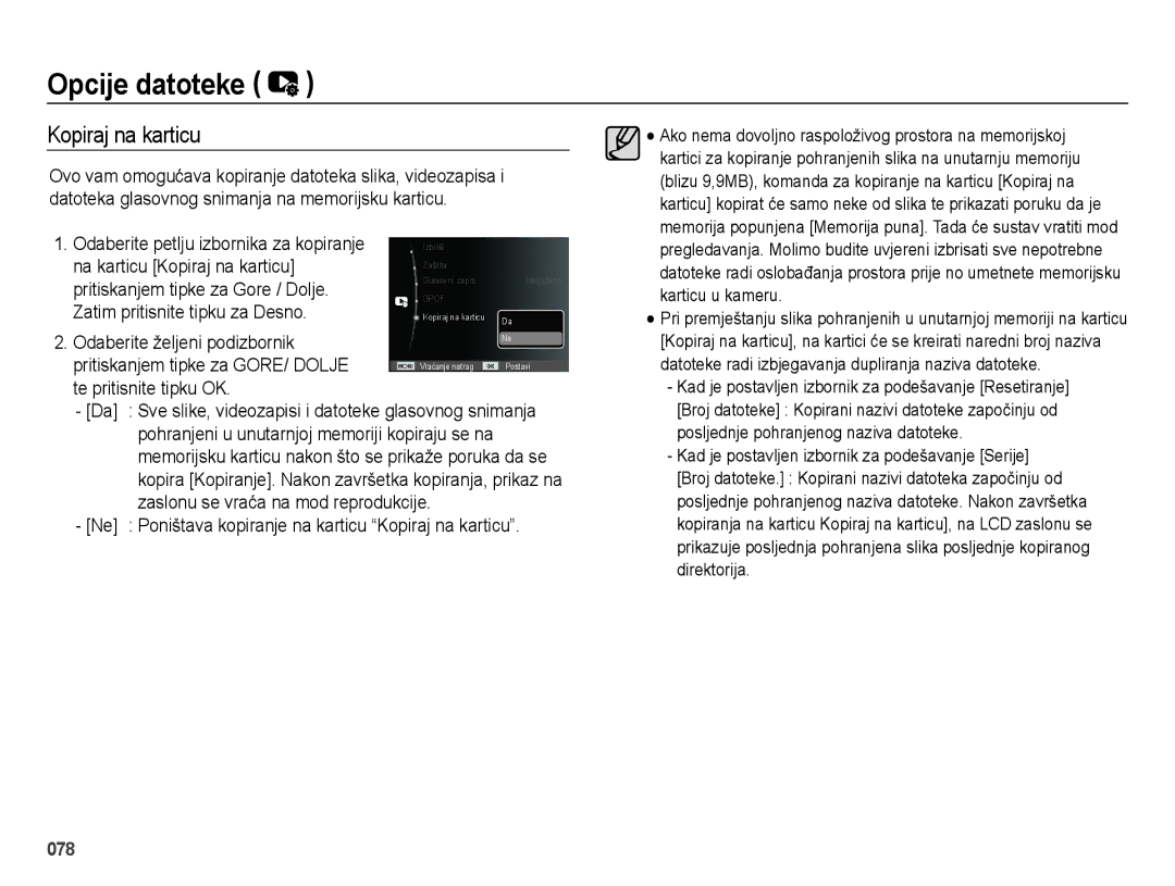 Samsung EC-ES73ZZBPRE3, EC-ES73ZZBPBE3 manual Na karticu Kopiraj na karticu, Pritiskanjem tipke za Gore / Dolje 