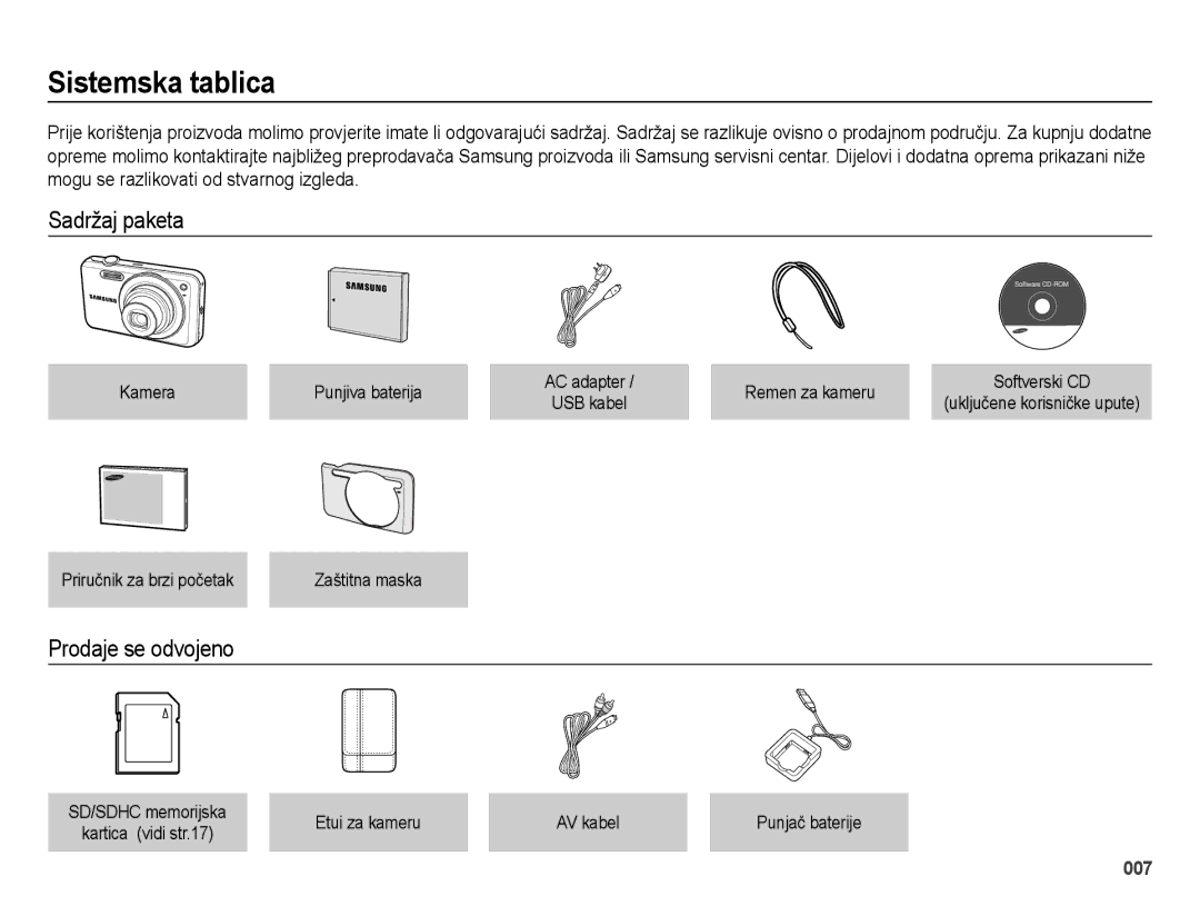 Samsung EC-ES73ZZBPUE3, EC-ES73ZZBPBE3, EC-ES73ZZBPSE3 manual Sistemska tablica, Sadržaj paketa, Prodaje se odvojeno 