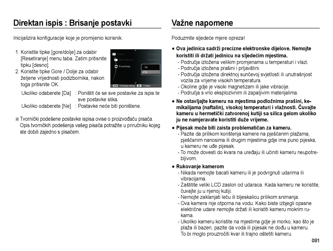 Samsung EC-ES73ZZBPOE3 Direktan ispis Brisanje postavki, Važne napomene, Pijesak može biti zaista problematičan za kameru 