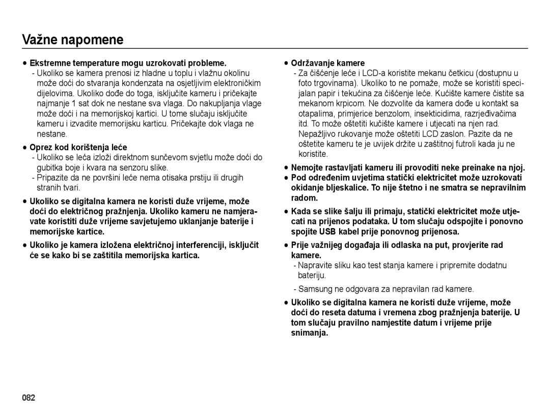 Samsung EC-ES73ZZBPUE3 manual Ekstremne temperature mogu uzrokovati probleme, Oprez kod korištenja leće, Održavanje kamere 