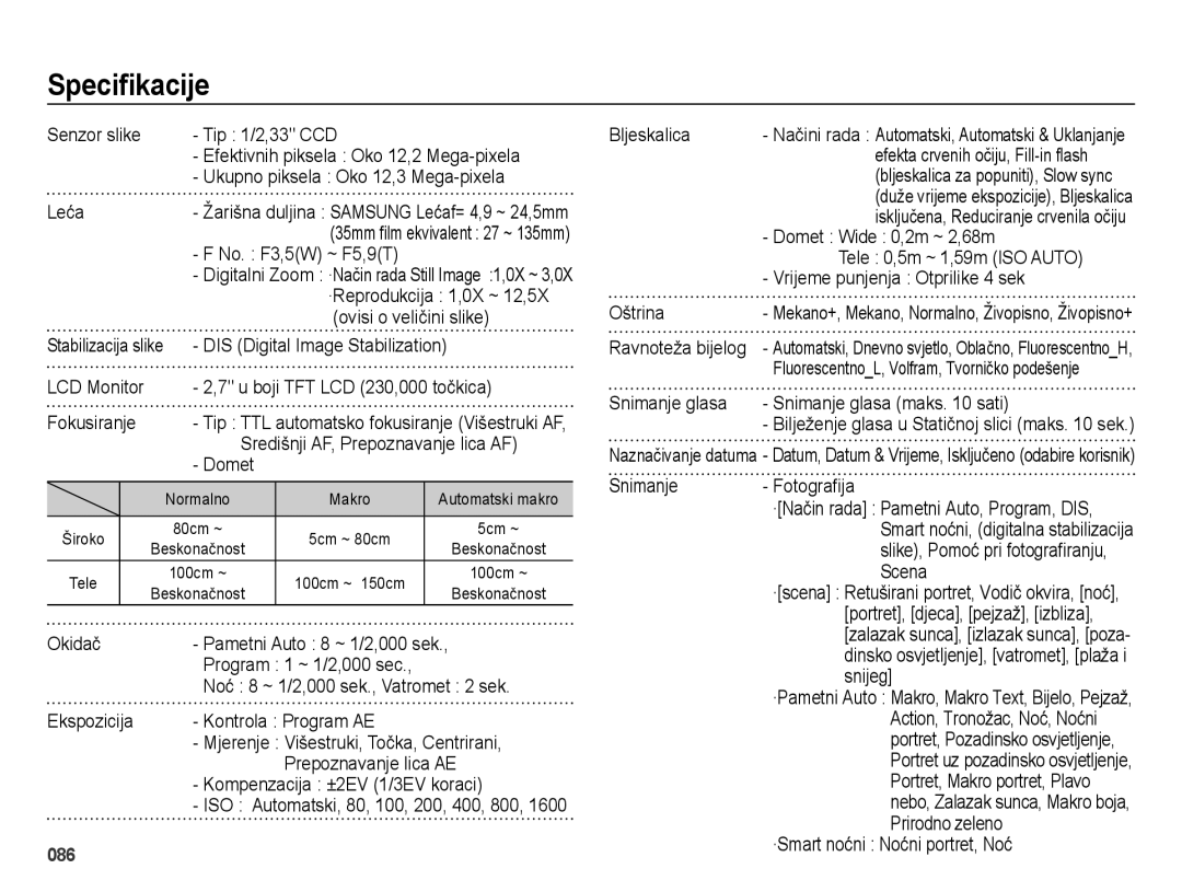 Samsung EC-ES73ZZBPOE3, EC-ES73ZZBPBE3, EC-ES73ZZBPSE3, EC-ES73ZZBPUE3, EC-ES73ZZBPRE3 manual Speciﬁkacije 