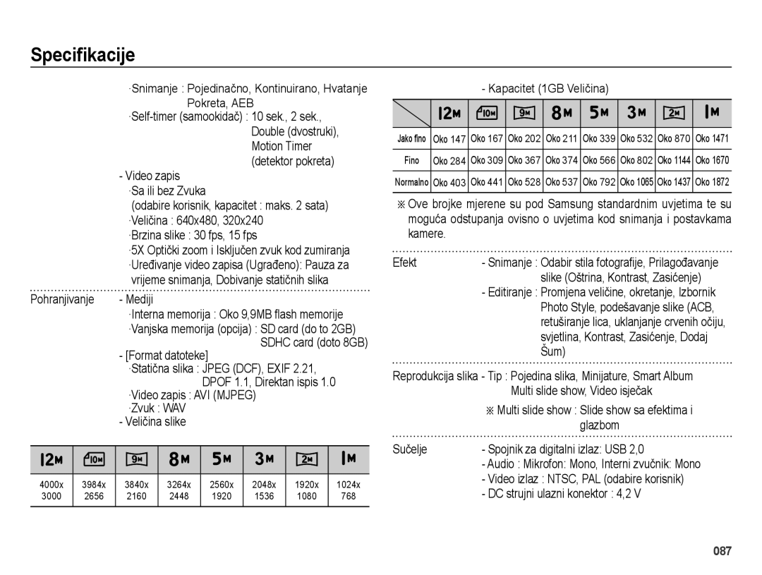 Samsung EC-ES73ZZBPUE3 ·Snimanje Pojedinačno, Kontinuirano, Hvatanje Pokreta, AEB, Pohranjivanje Mediji, Format datoteke 