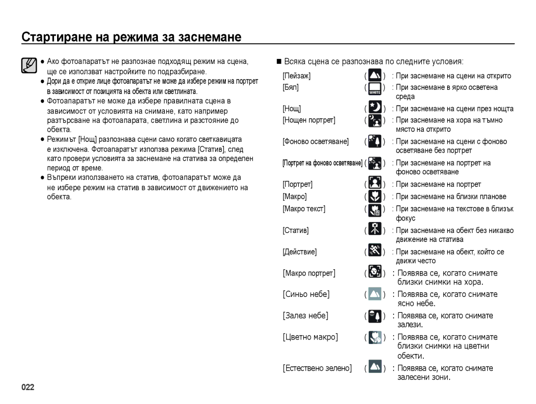 Samsung EC-ES73ZZBPOE3, EC-ES73ZZBPBE3, EC-ES73ZZBPSE3 manual Всяка сцена се разпознава по следните условия 