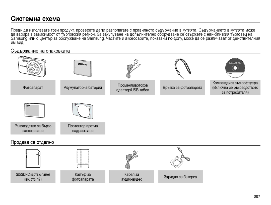 Samsung EC-ES73ZZBPOE3 manual Системна схема, Съдържание на опаковката, Продава се отделно, Фотоапарат Акумулаторна батерия 