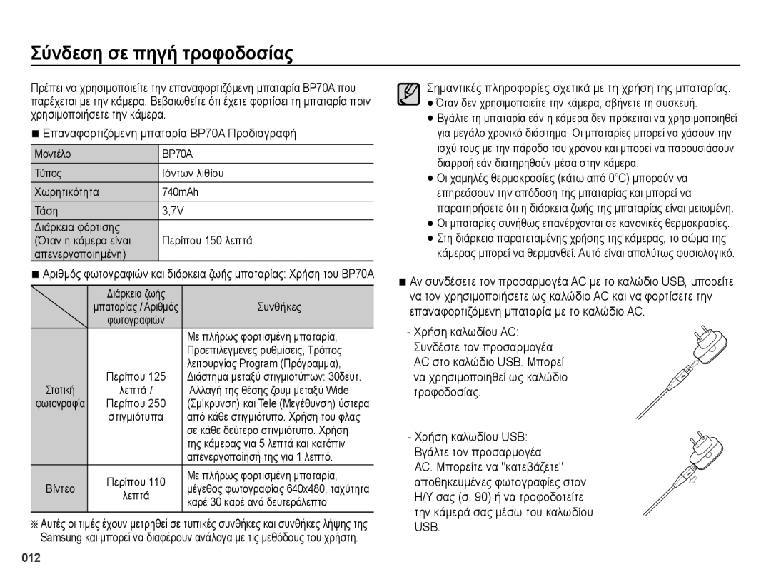 Samsung EC-ES73ZZBPOE3, EC-ES73ZZBPSE3 manual Σύνδεση σε πηγή τροφοδοσίας 