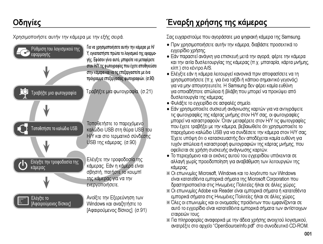 Samsung EC-ES73ZZBPSE3, EC-ES73ZZBPOE3 manual Οδηγίες, Έναρξη χρήσης της κάμερας 