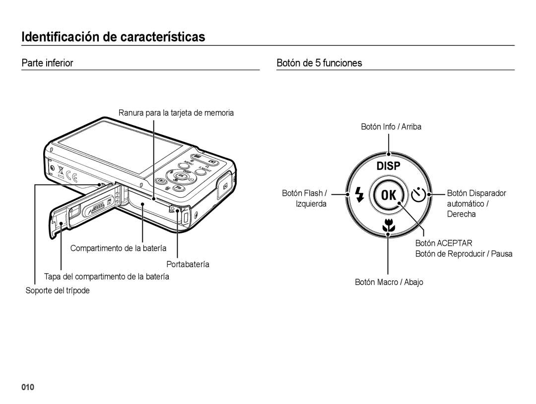 Samsung EC-ES73ZZBPRE1, EC-ES74ZZBDBE1 manual Parte inferior, Botón de 5 funciones, Botón Info / Arriba, Botón Macro / Abajo 