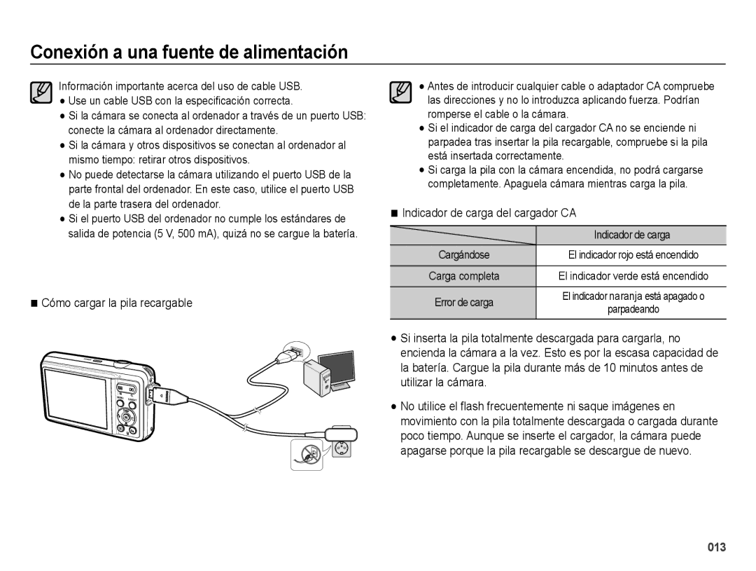 Samsung EC-ES73ZZBPRE1, EC-ES74ZZBDBE1, EC-ES73ZZBBOCA Cómo cargar la pila recargable, Indicador de carga del cargador CA 