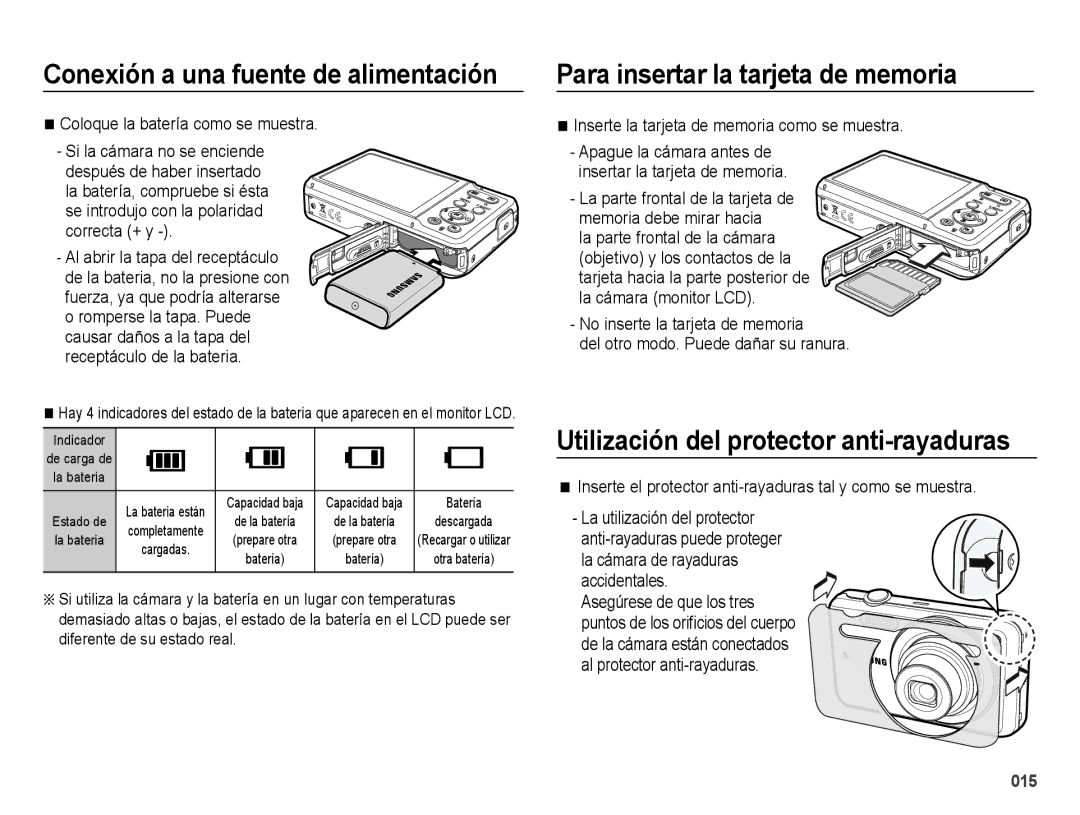 Samsung EC-ES73ZZBBOCA, EC-ES74ZZBDBE1 manual Para insertar la tarjeta de memoria, Utilización del protector anti-rayaduras 