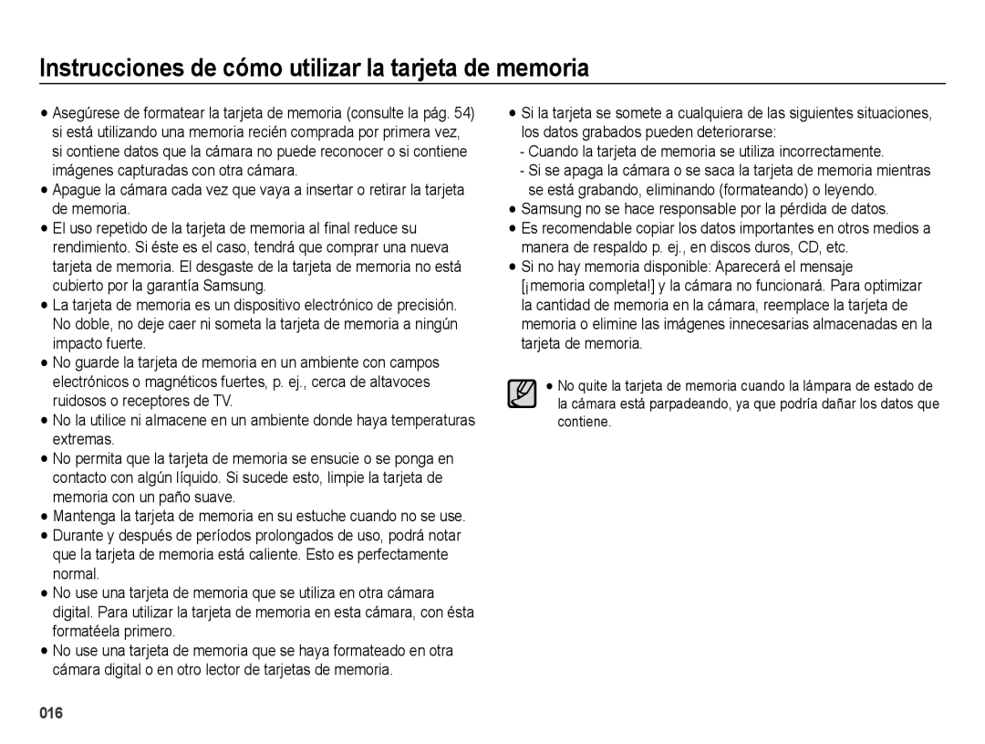 Samsung EC-ES73ZZBPRE1, EC-ES74ZZBDBE1, EC-ES73ZZBBOCA manual Instrucciones de cómo utilizar la tarjeta de memoria 