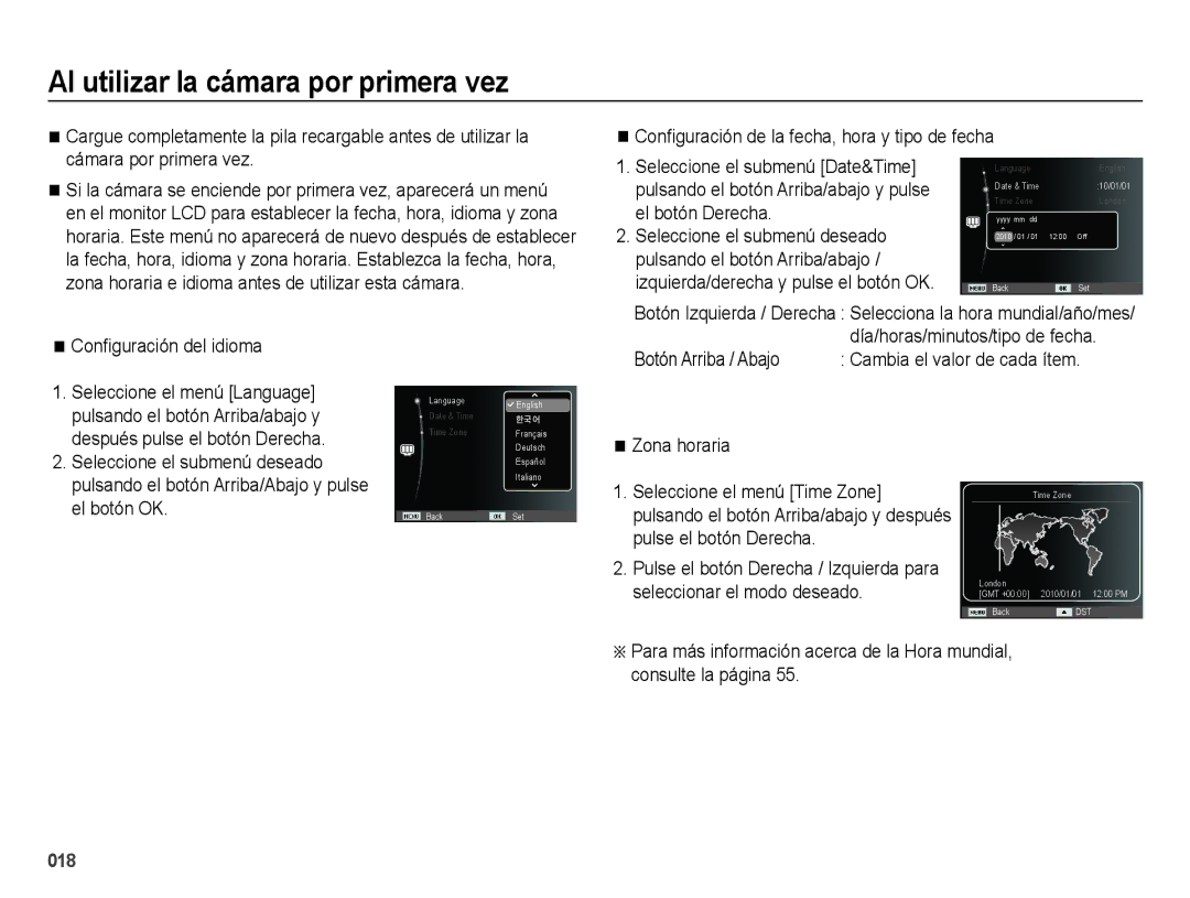 Samsung EC-ES73ZZBBOCA manual Al utilizar la cámara por primera vez, Conﬁguración del idioma, Botón Arriba / Abajo 